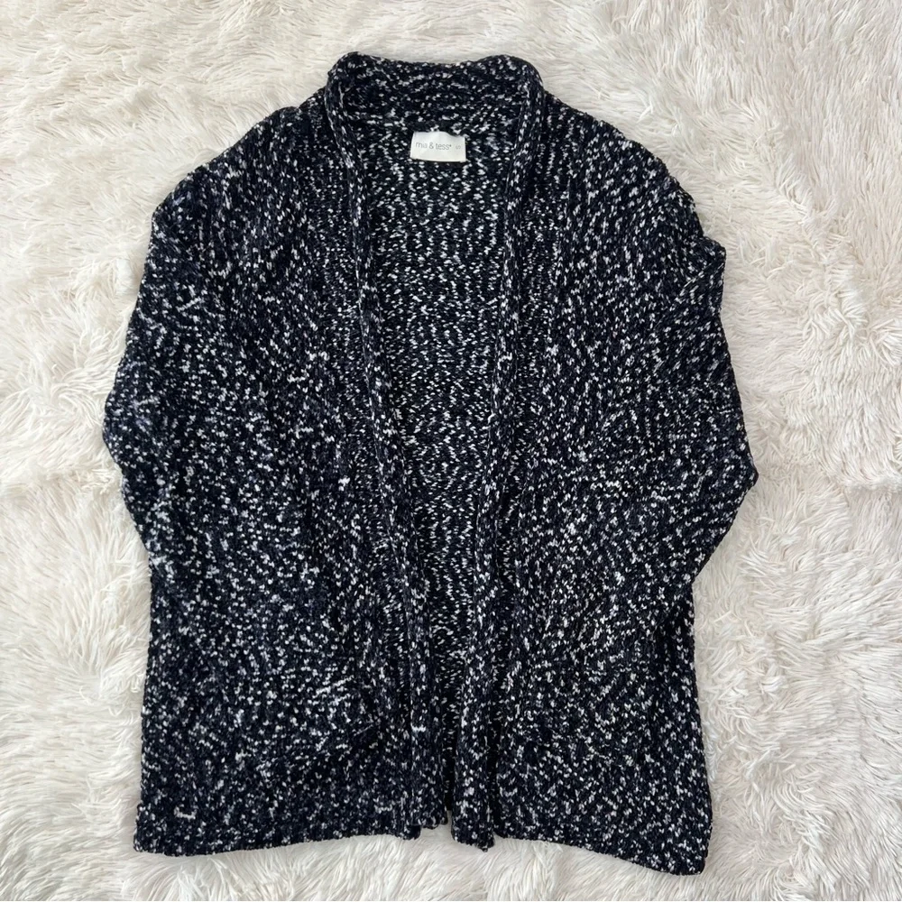 Mia & Tess chenille navy open front cardigan marled white, blue flecks Sz S